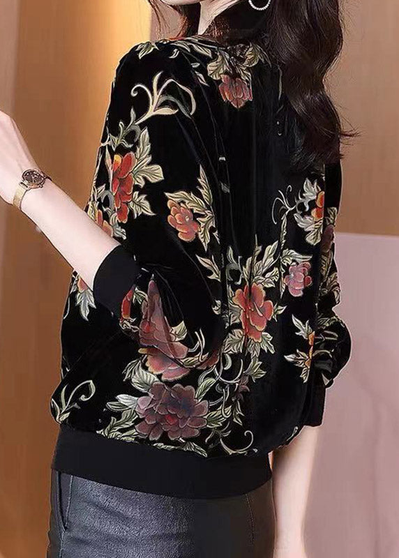 O-neck Fashion Black Printed Zipper Velour Coat Long Sleeves