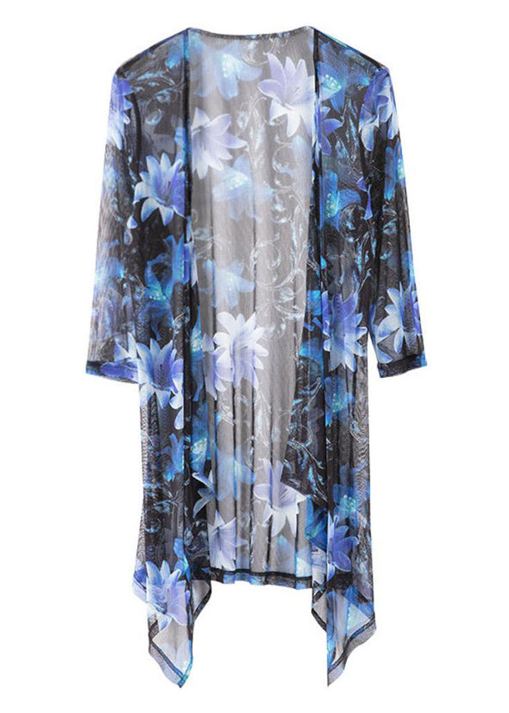 V-neck fashion blue printed silk loose sunscreen cardigan summer