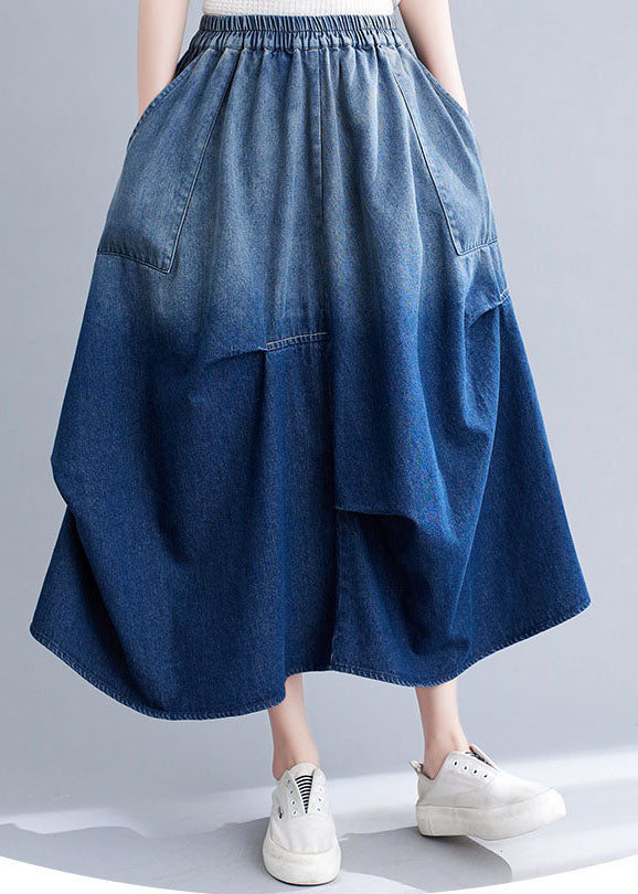 Fashion Blue Asymmetric Pocket Patchwork Wrinkle Denim Skirt Summer