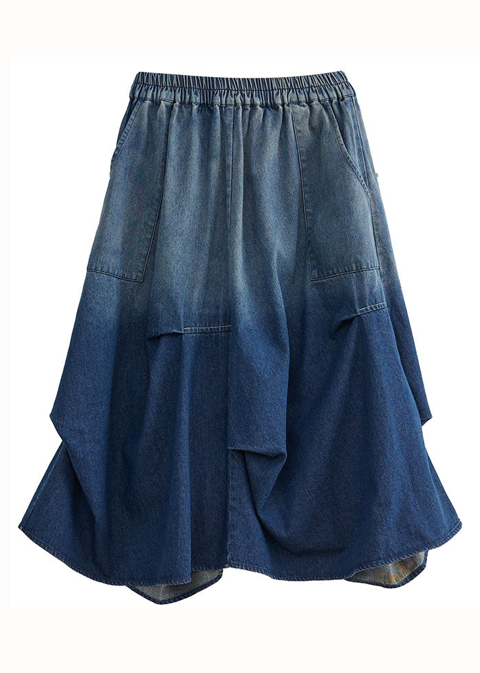 Fashion Blue Asymmetric Pocket Patchwork Wrinkle Denim Skirt Summer