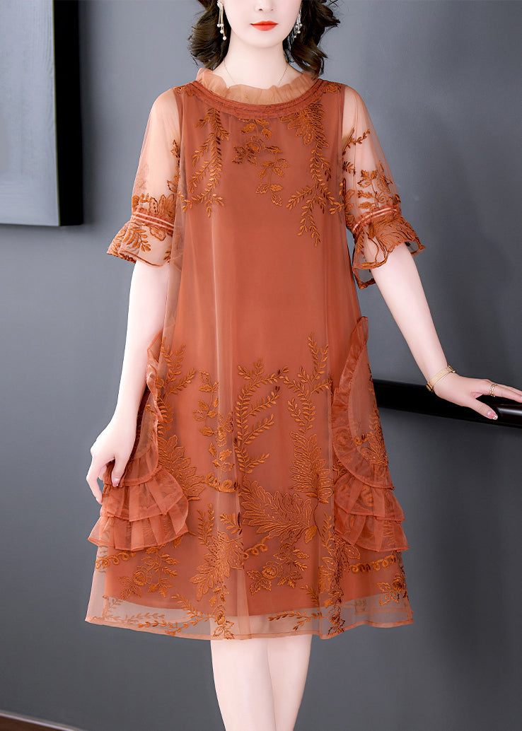 Orange Patchwork Tulle Mid Dress Embroidered Ruffled Summer