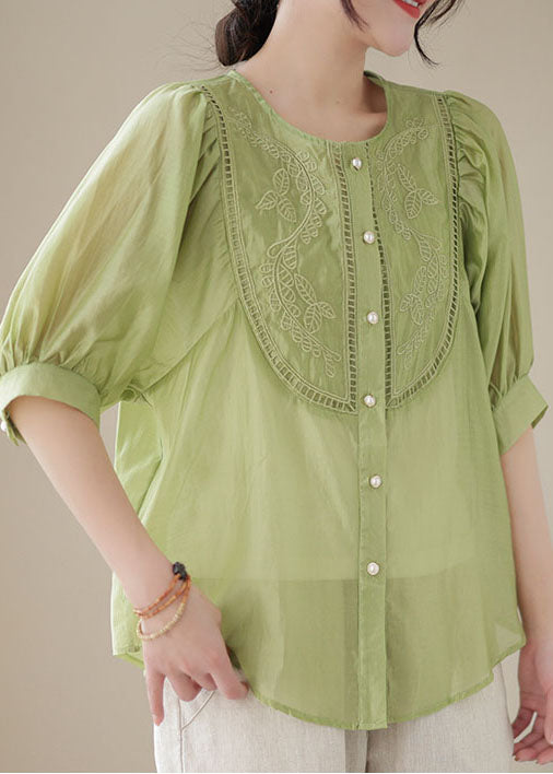 Summer fashion green patchwork embroidered wrinkle cotton shirt