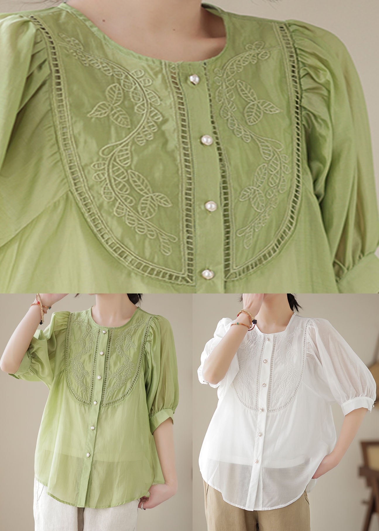 Summer fashion green patchwork embroidered wrinkle cotton shirt