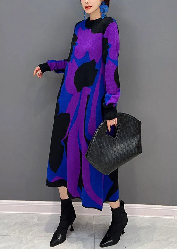 Stylish Purple Hign Neck Print Thick Knit Sweater Dress Winter