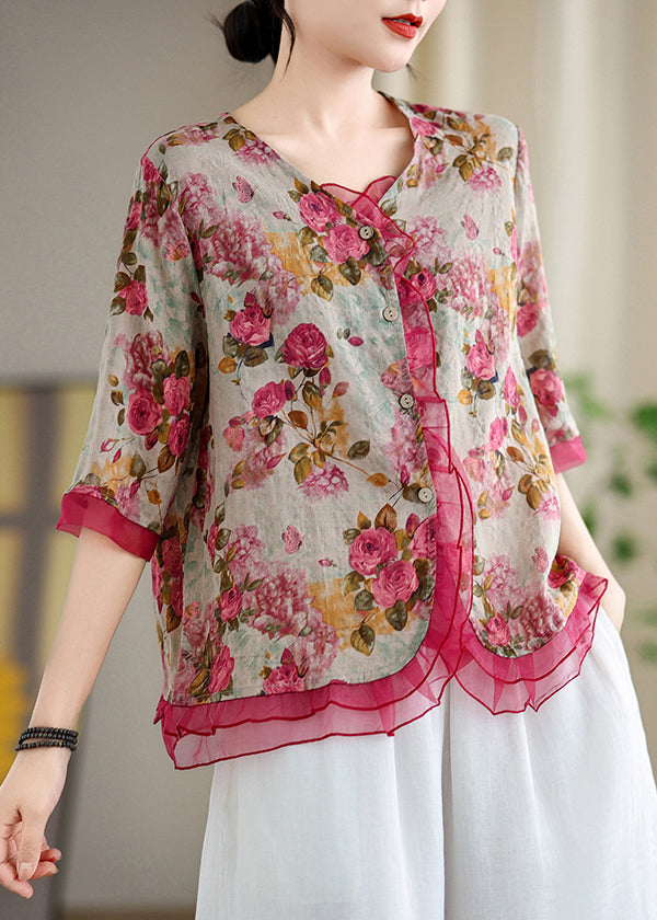 Stylish Red Floral Patchwork Organza Linen Shirts Summer