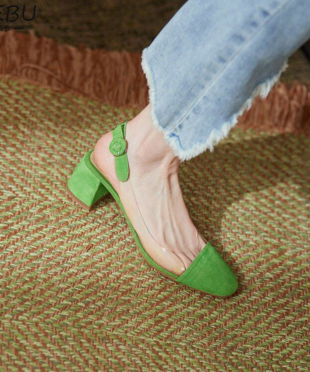 Stylish Splicing Clear Chunky High Heels Green Velour