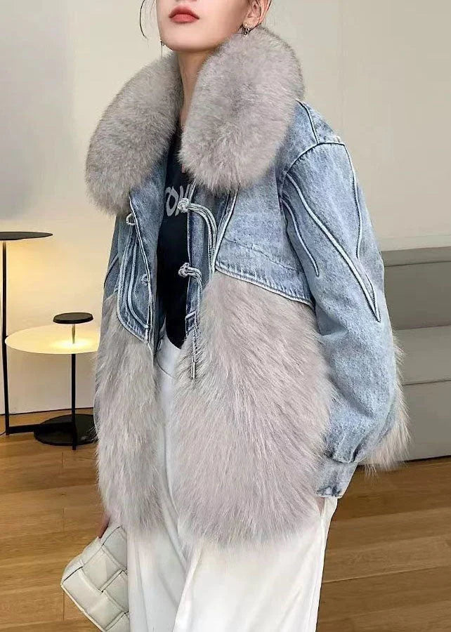 Stylish White Tasseled Denim Patchwork Fuzzy Fur Fluffy Coat Winter