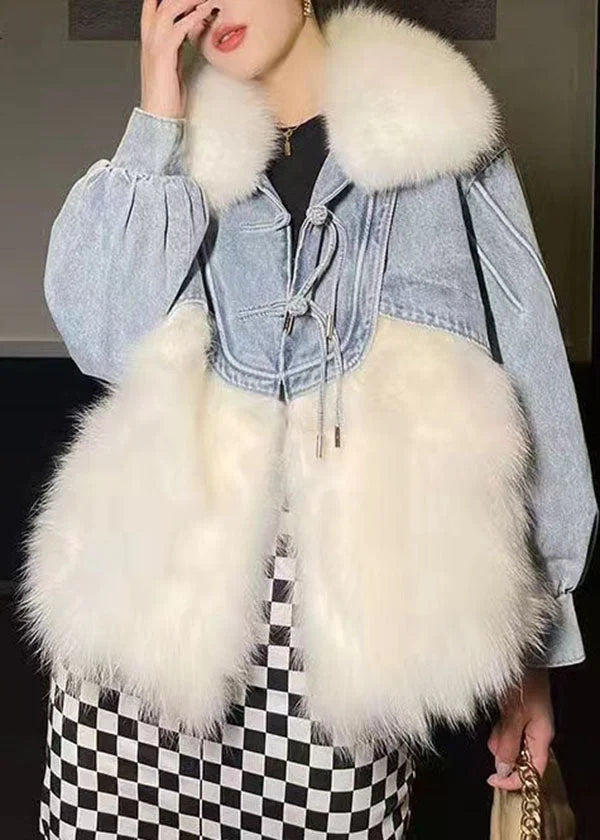 Stylish White Tasseled Denim Patchwork Fuzzy Fur Fluffy Coat Winter