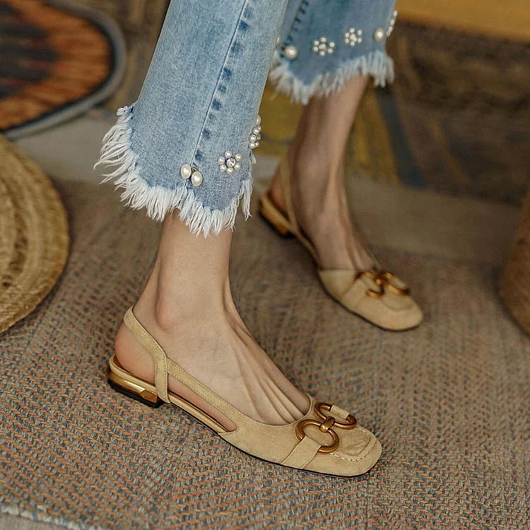 Suede Square Toe Flat Sandals Solid Metallic Buckle Upper Slingback Pumps