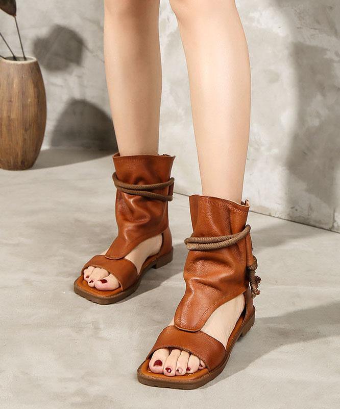 Black Cowhide Leather Lace Up Open Toe Walking Sandals Summer