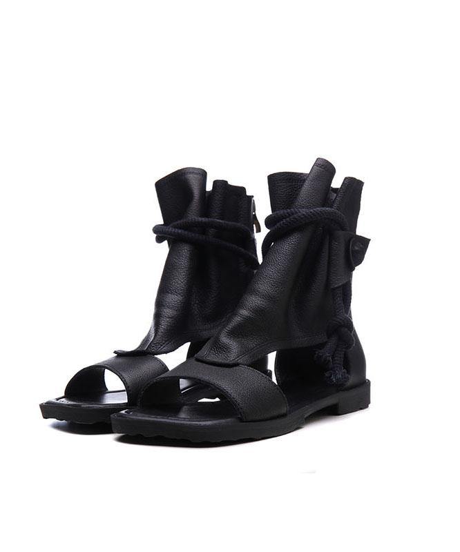 Black Cowhide Leather Lace Up Open Toe Walking Sandals Summer