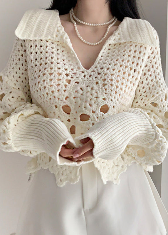 Sweet Beige Hollow Lantern Sleeve Knitted Sweater Autumn