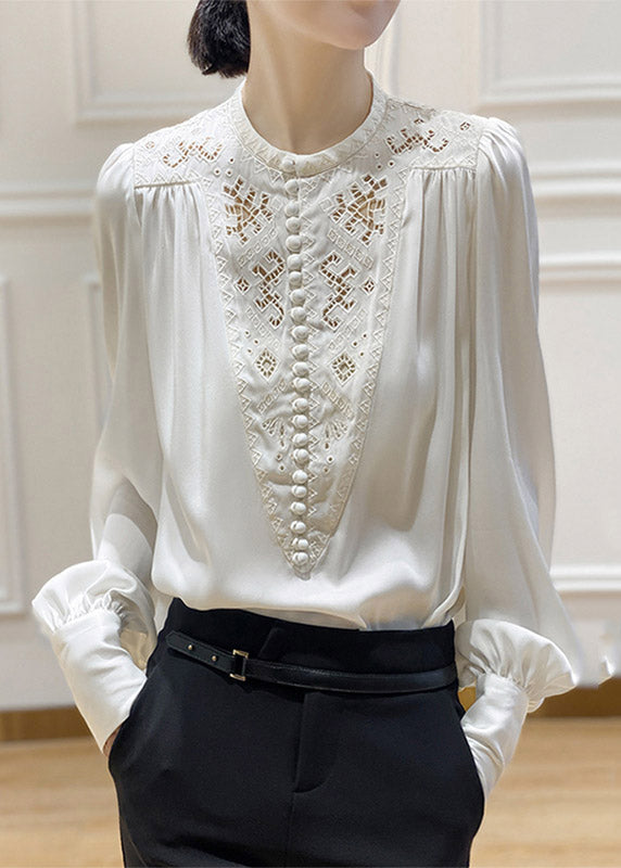 2024 White O-Neck Embroidered Floral Silk Shirt Long Sleeve