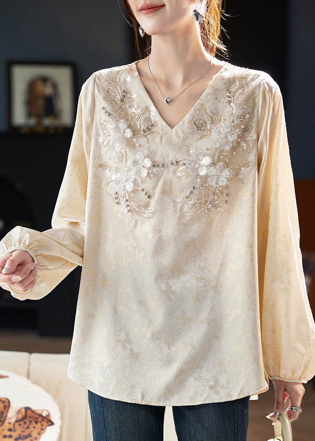 Unique Beige V Neck Jacquard Zircon Chiffon Shirt Top Spring