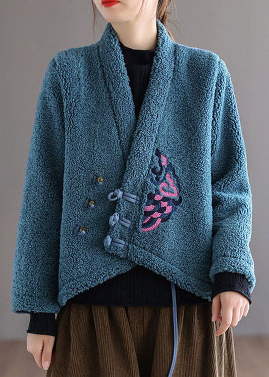 V Neck Blue Button Embroidered Faux Fur Coat