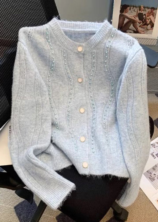 Unique Blue Nail Bead Cotton Knit Cardigans Fall