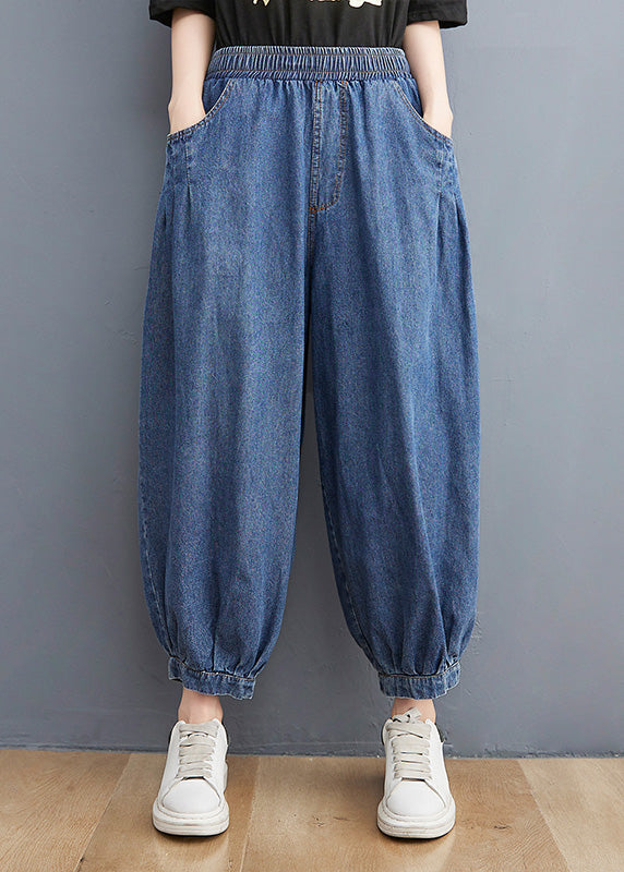 Blue Elastic Waist Patchwork Denim Lantern Pants Spring