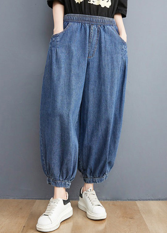 Blue Elastic Waist Patchwork Denim Lantern Pants Spring