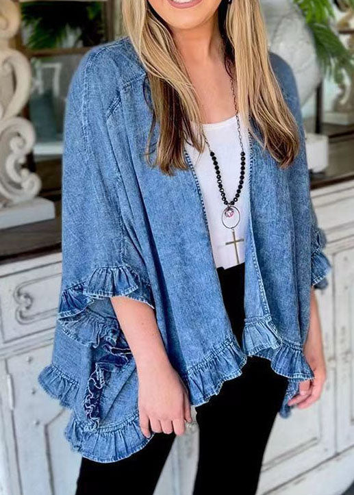 Unique ruffled patchwork cardigans blue denim Coat summer