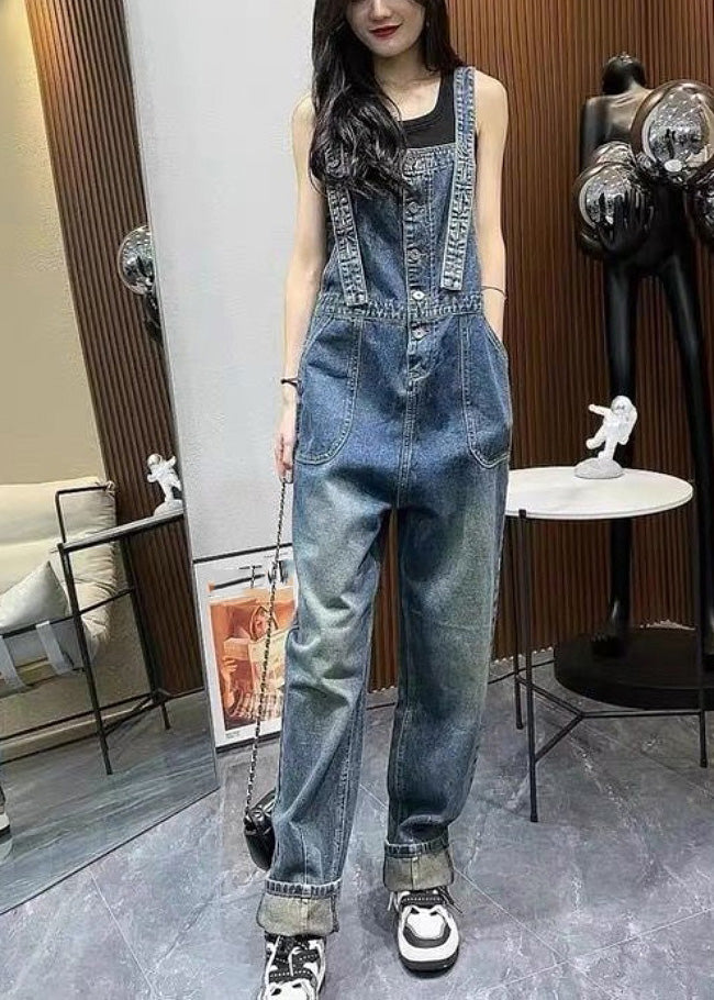 Unique Blue Slash Collar Stitching Denim Straight Jumpsuit Summer