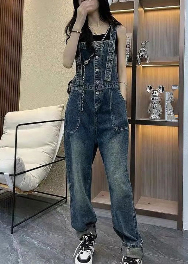 Unique Blue Slash Collar Stitching Denim Straight Jumpsuit Summer