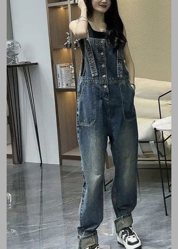 Unique Blue Slash Collar Stitching Denim Straight Jumpsuit Summer