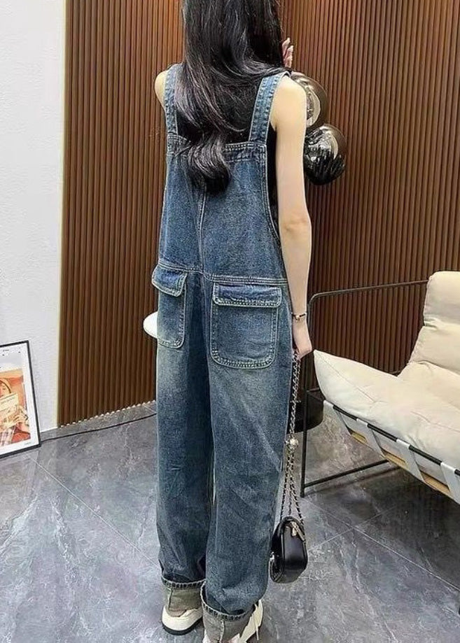 Unique Blue Slash Collar Stitching Denim Straight Jumpsuit Summer