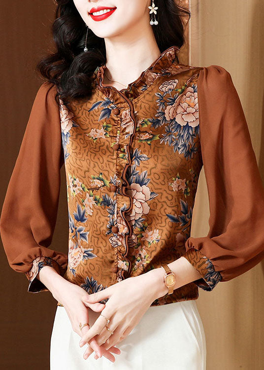 Unique Ruffled Panel Print Silk Chocolate Blouse Spring