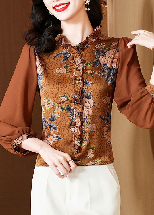 Unique Ruffled Panel Print Silk Chocolate Blouse Spring