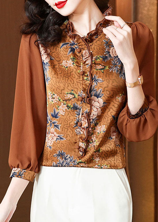 Unique Ruffled Panel Print Silk Chocolate Blouse Spring