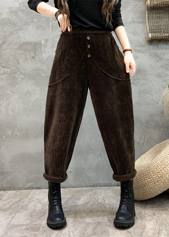 Unique Coffee Pockets Patchwork Elastic Waist Button Harem Pants Fall