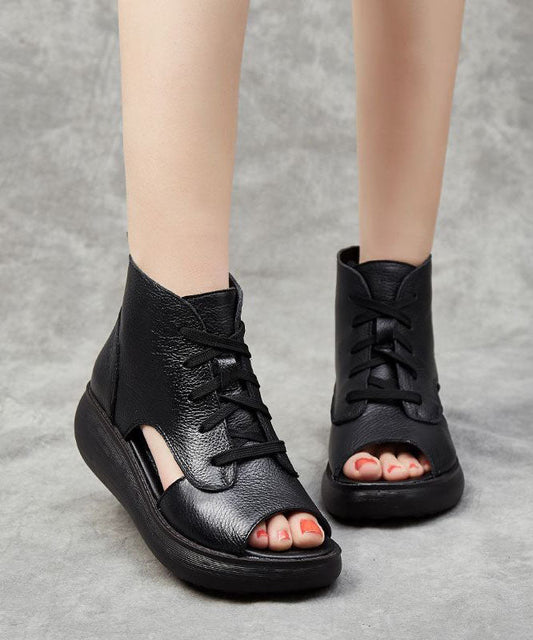 Unique Cross Strap Wedge Sandals Black Cowhide Leather