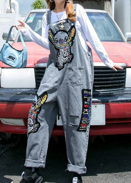 Unique Dark Gray Patchwork Nail Bead Cartoon Denim Wide Leg Jumpsuit Spring