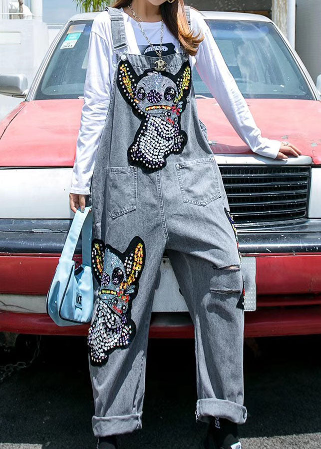 Unique Dark Gray Patchwork Nail Bead Cartoon Denim Wide Leg Jumpsuit Spring