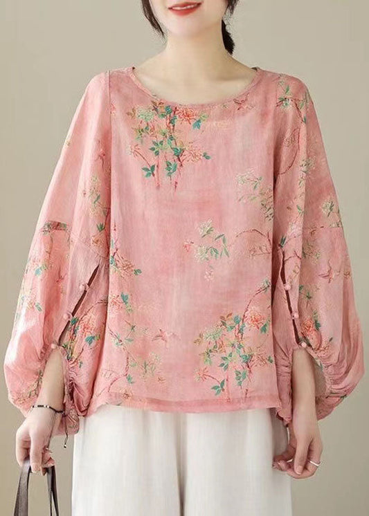 Unique Pink O Neck Print Patchwork Cotton Top Lantern Sleeve