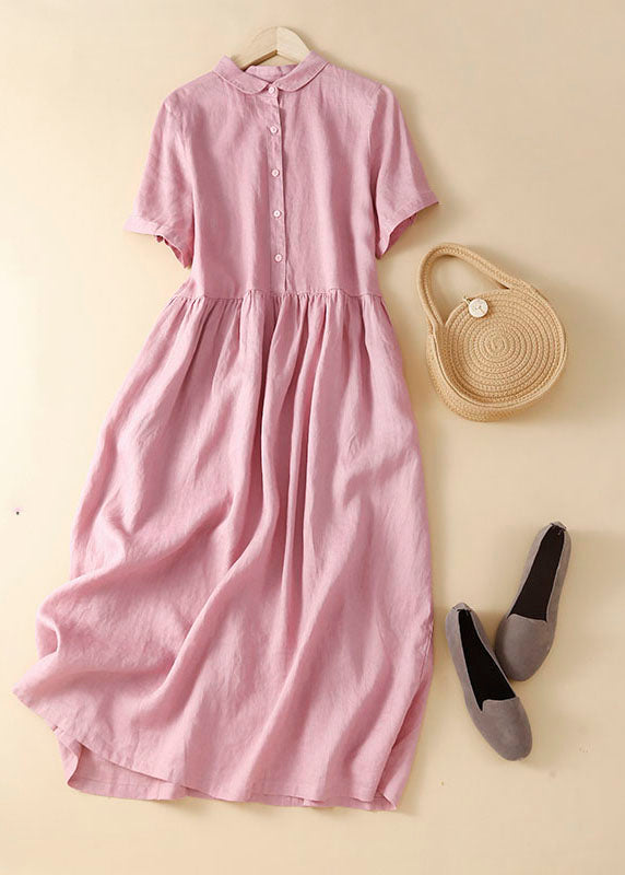 Unique Pink Peter Pan Collar Wrinkled Linen Holiday Dress Short Sleeve