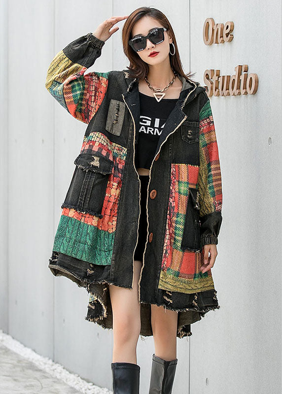 Vintage Unique Plaid Button Pocket Fall Hooded Long Sleeve Coat