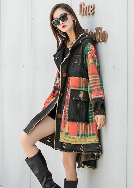 Vintage Unique Plaid Button Pocket Fall Hooded Long Sleeve Coat