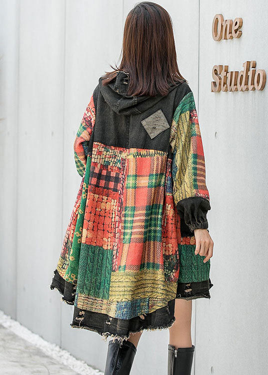 Vintage Unique Plaid Button Pocket Fall Hooded Long Sleeve Coat