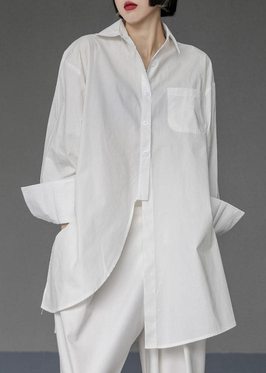 White asymmetric design side slit cotton Long Shirts Spring