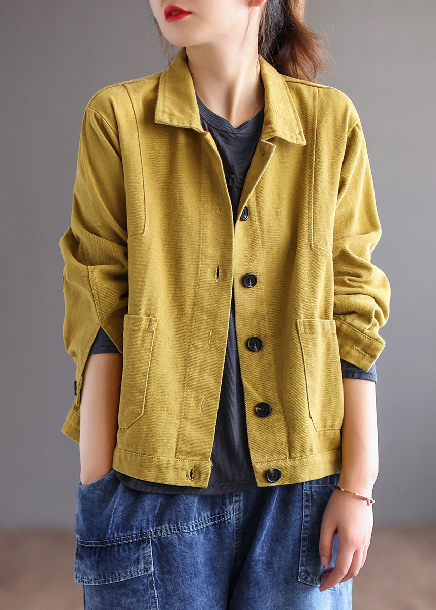 Yellow Pockets Patchwork PeterPan Collar Button Fall Coat