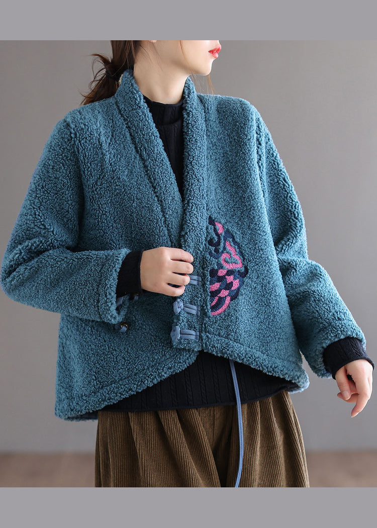 V Neck Blue Button Embroidered Faux Fur Coat