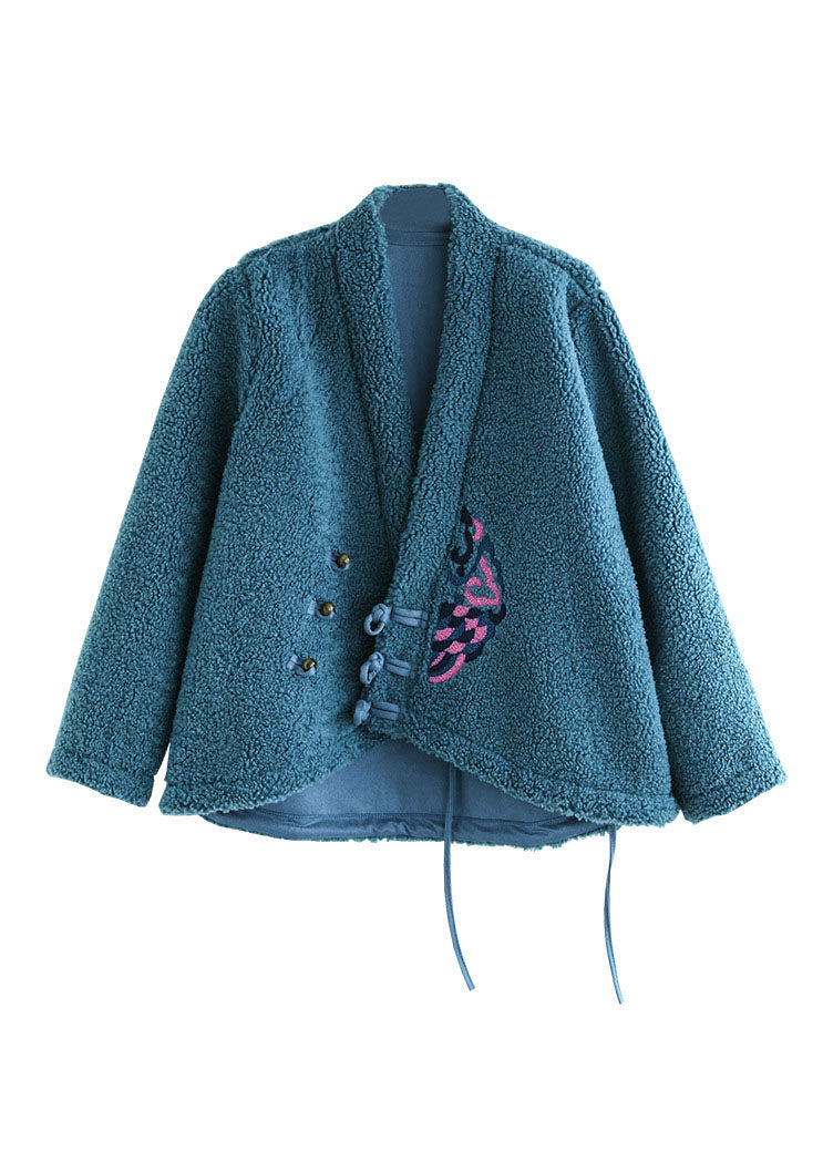 V Neck Blue Button Embroidered Faux Fur Coat