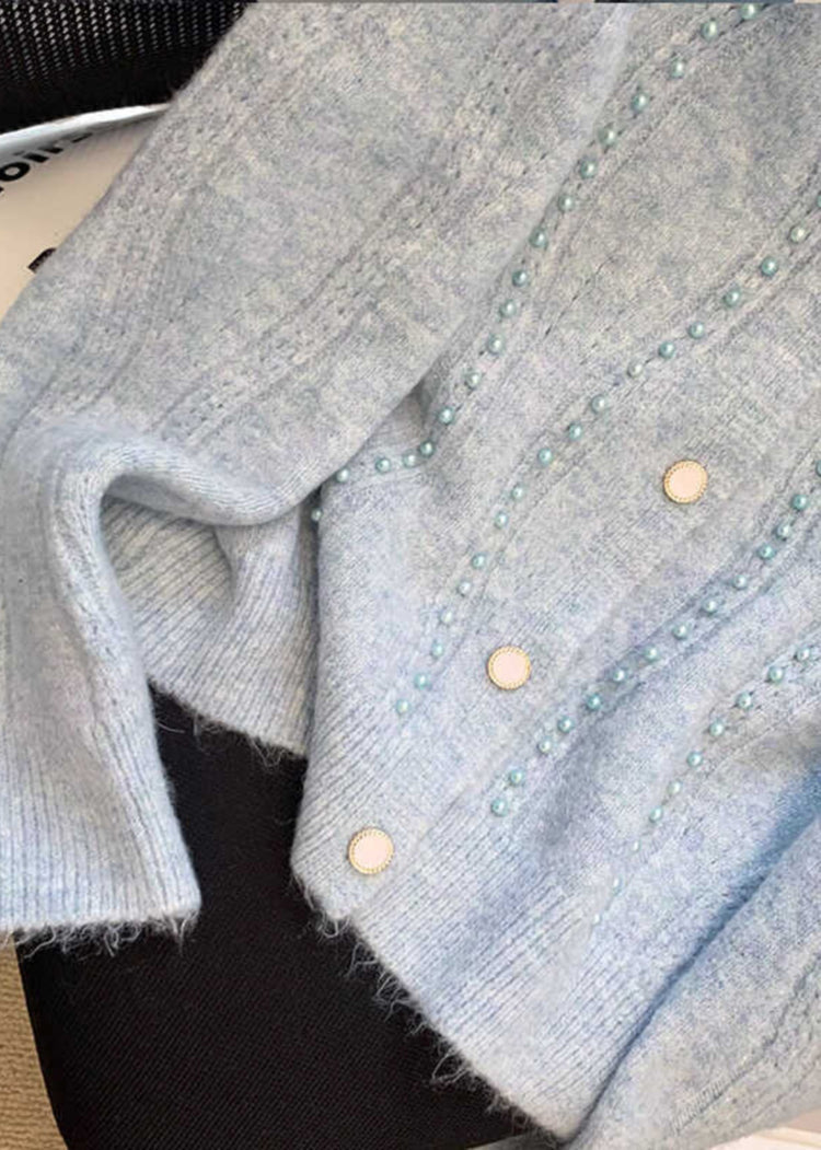 Unique Blue Nail Bead Cotton Knit Cardigans Fall