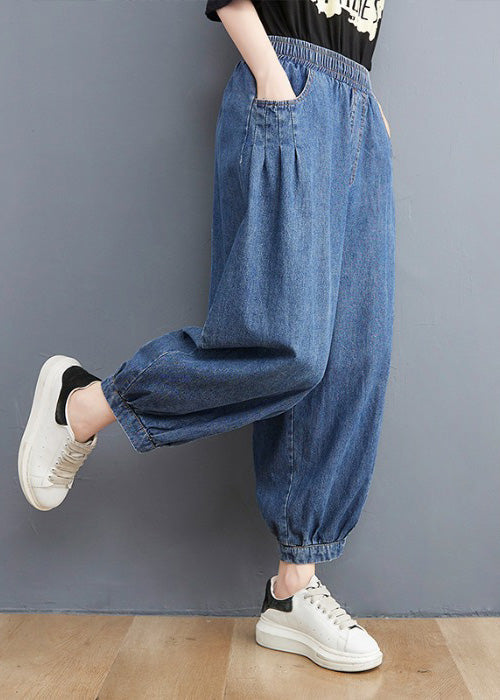 Blue Elastic Waist Patchwork Denim Lantern Pants Spring