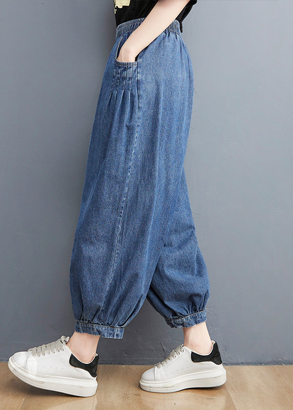 Blue Elastic Waist Patchwork Denim Lantern Pants Spring