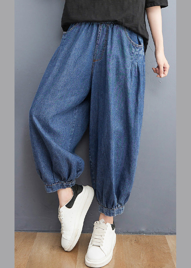 Blue Elastic Waist Patchwork Denim Lantern Pants Spring