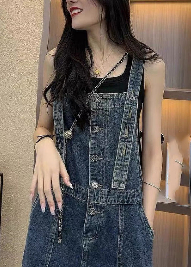 Unique Blue Slash Collar Stitching Denim Straight Jumpsuit Summer