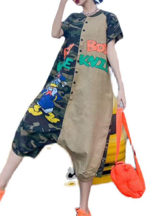 Unique camouflage patchwork cotton cartoon print jumpsuit summer