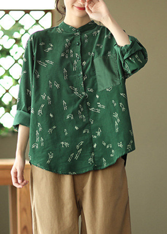 Unique Green Stand Collar Print Button Velour Shirt Long Sleeve